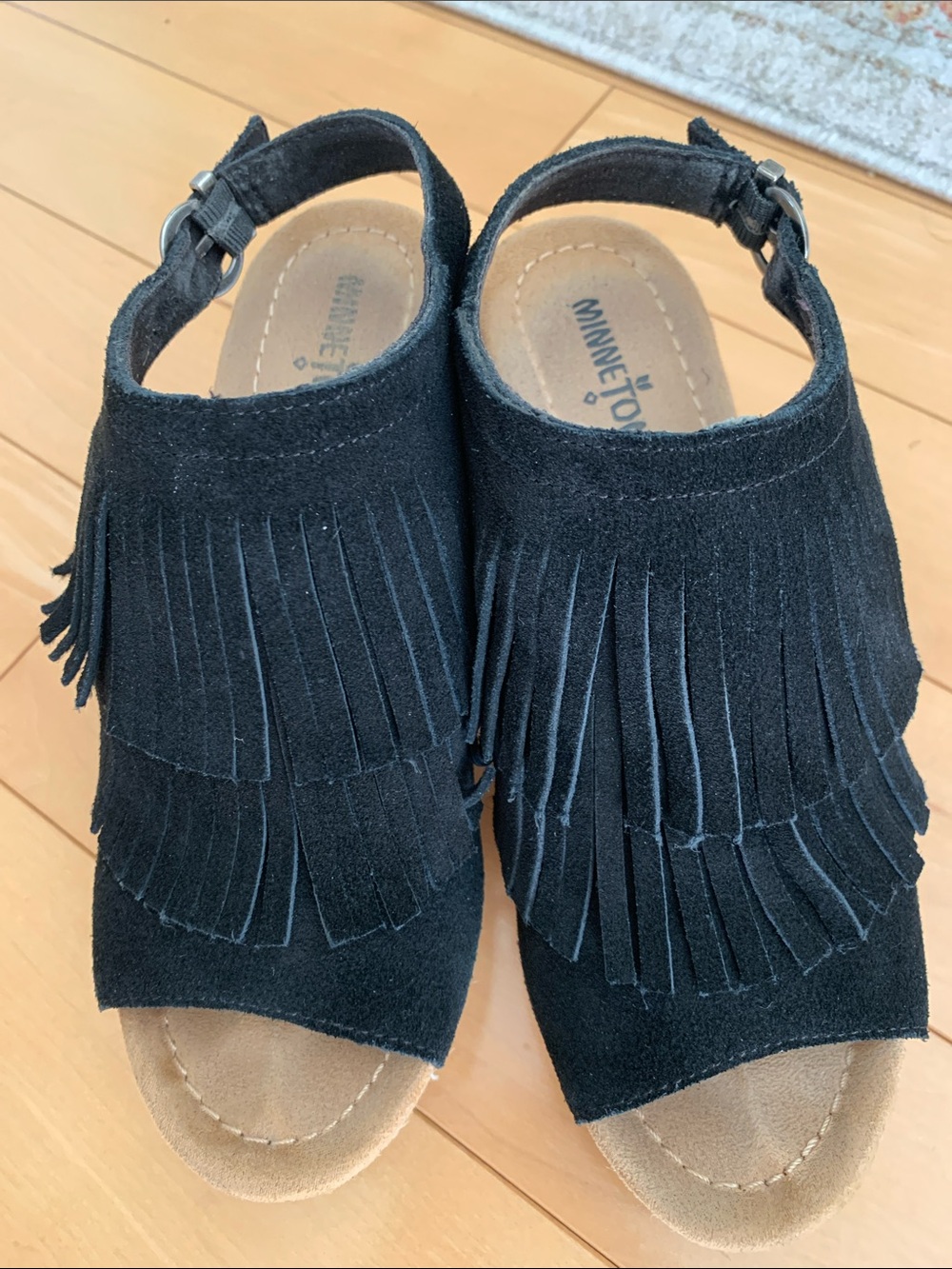 Minnetonka Black Suede Fringe Slingback Sandals